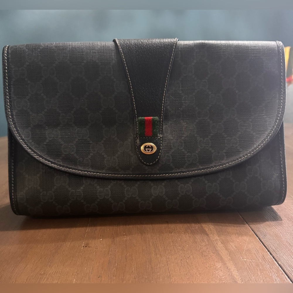 Vintage Gucci Sherry Line Black Coated Canvas GG Logo Print Pouch Clutch Bag